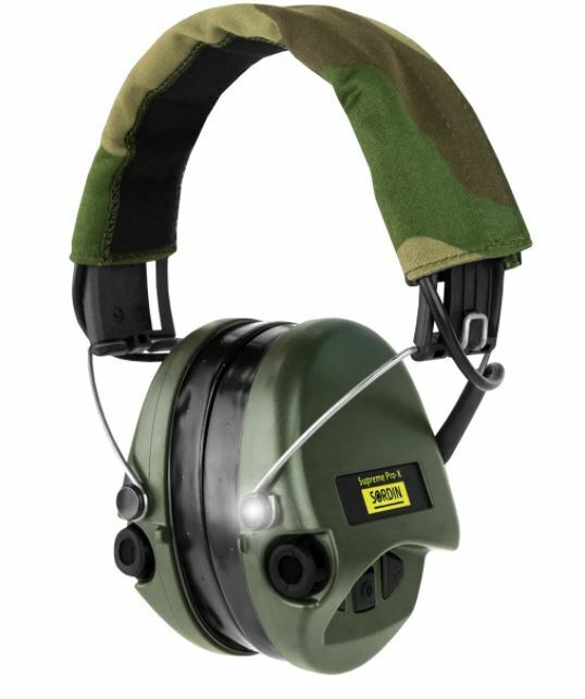 Sordin elektr.  Gehörschutz grün SUPREME PRO X CAMO-Stoffband mit LED  Gelkissen